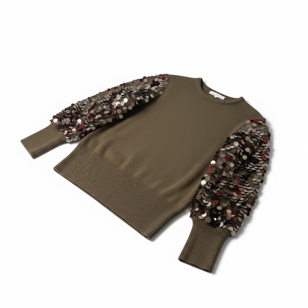 Olive Green Sequin Sleeve Crewneck Sweater